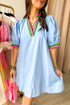 Chic Contrast Stripe Puff Sleeve Notched Neck Cotton Shift Dress